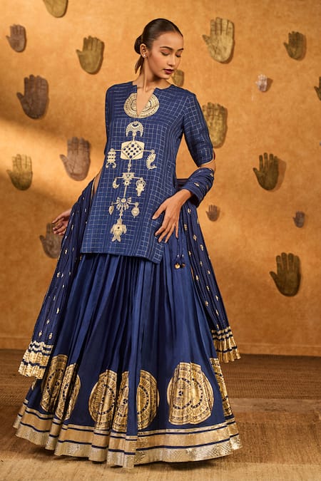 Masaba Sapphire Silk Foil Printing, Zari V-neck Moonfish Kurta Skirt Set