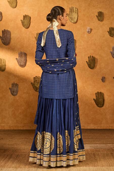 Shop_Masaba_Sapphire Silk Foil Printing, Zari V-neck Moonfish Kurta Skirt Set_at_Aza_Fashions