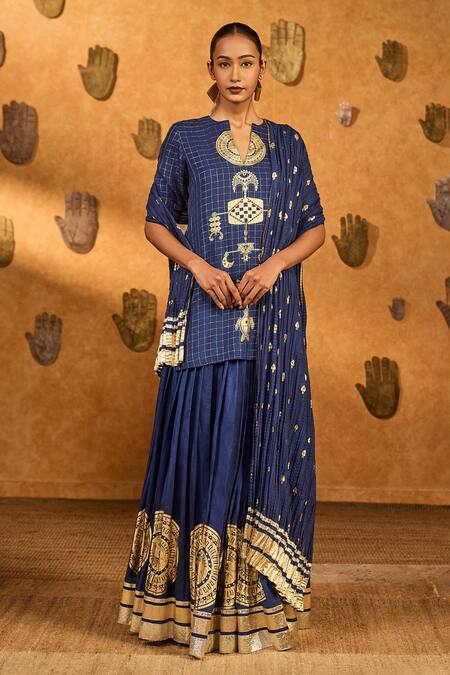 Shop_Masaba_Sapphire Silk Foil Printing, Zari V-neck Moonfish Kurta Skirt Set