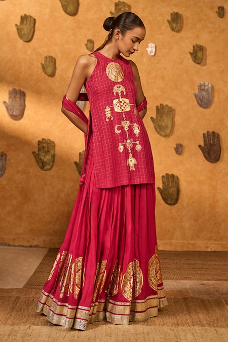 Masaba_Red Silk Foil Printing, Tassels Halter Neck Raspberry Moonfish Kurta Skirt Set _at_Aza_Fashions