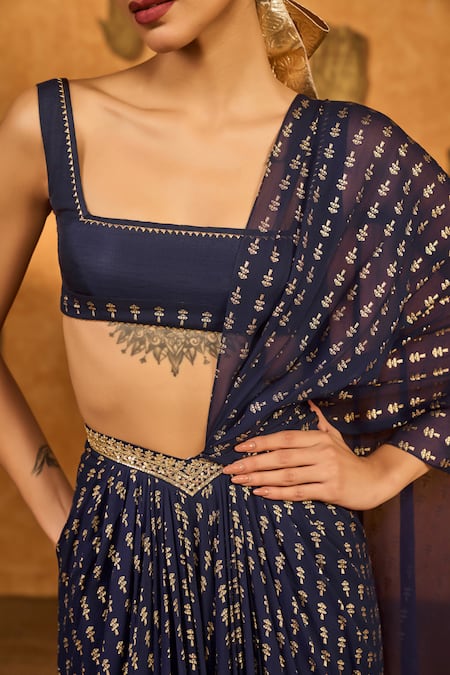Masaba_Navy Georgette, Silk Foil Printing, Snow Light Pre-stitched Saree With Blouse _Online_at_Aza_Fashions