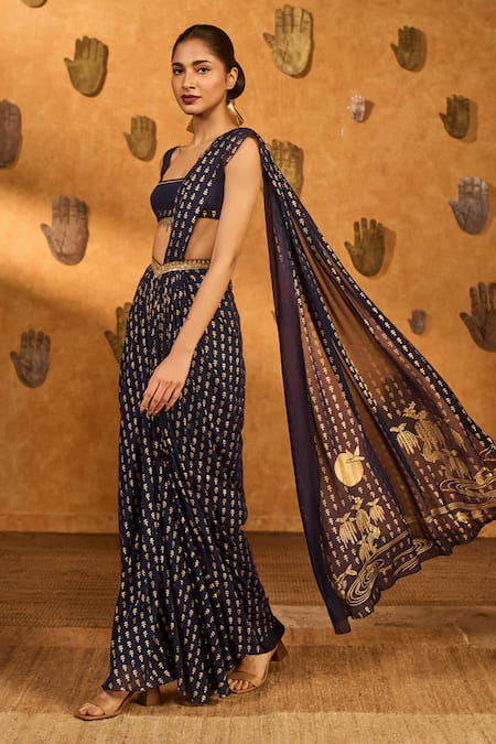 Masaba_Navy Georgette, Silk Foil Printing, Snow Light Pre-stitched Saree With Blouse _at_Aza_Fashions