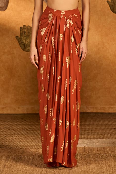 Masaba_Rust Crepe, Silk Embroidery, Foil Printing Soft Lantern Shrug And Skirt Set _Online_at_Aza_Fashions
