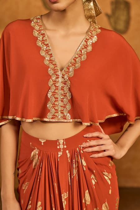 Buy_Masaba_Rust Crepe, Silk Embroidery, Foil Printing Soft Lantern Shrug And Skirt Set _Online_at_Aza_Fashions