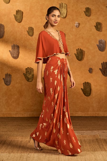 Shop_Masaba_Rust Crepe, Silk Embroidery, Foil Printing Soft Lantern Shrug And Skirt Set _Online_at_Aza_Fashions