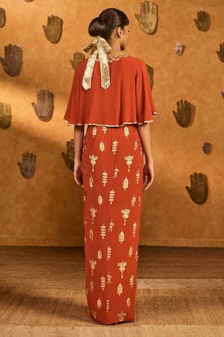 Shop_Masaba_Rust Crepe, Silk Embroidery, Foil Printing Soft Lantern Shrug And Skirt Set _at_Aza_Fashions