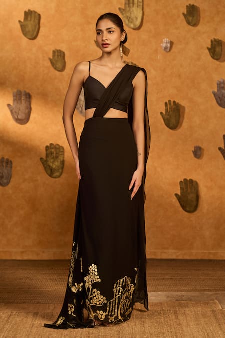 Buy_Masaba_Black Silk, Georgette Foil Printing, Zen Stitched Pre-draped Saree And Jacket Set _Online_at_Aza_Fashions