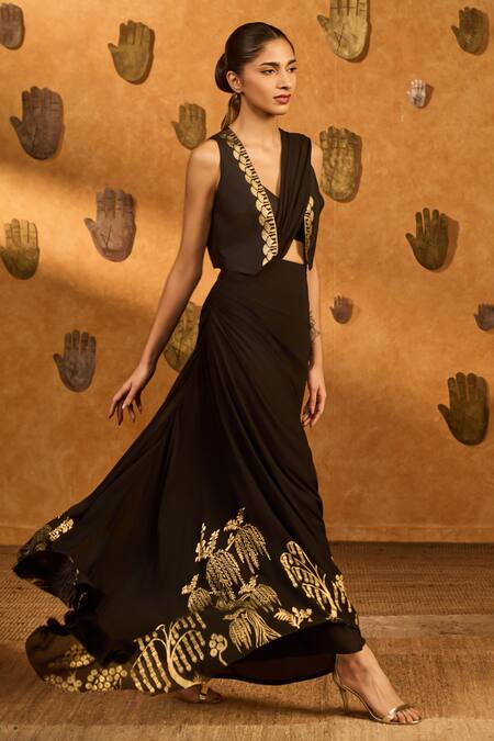 Shop_Masaba_Black Silk, Georgette Foil Printing, Zen Stitched Pre-draped Saree And Jacket Set _Online_at_Aza_Fashions
