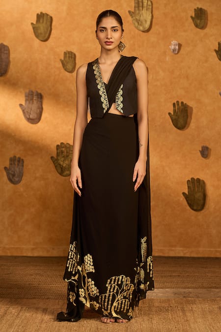 Masaba Black Zen Stitched Pre-Draped Saree & Jacket Set 