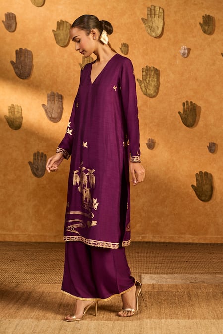 Buy_Masaba_Burgundy Silk Embroidery, Foil Printing Berry Still Water Bloom Kurta And Pant Set _Online_at_Aza_Fashions