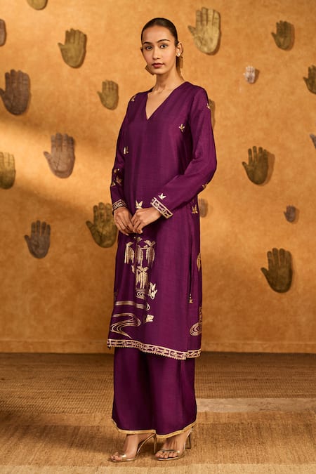 Shop_Masaba_Burgundy Silk Embroidery, Foil Printing Berry Still Water Bloom Kurta And Pant Set _Online_at_Aza_Fashions