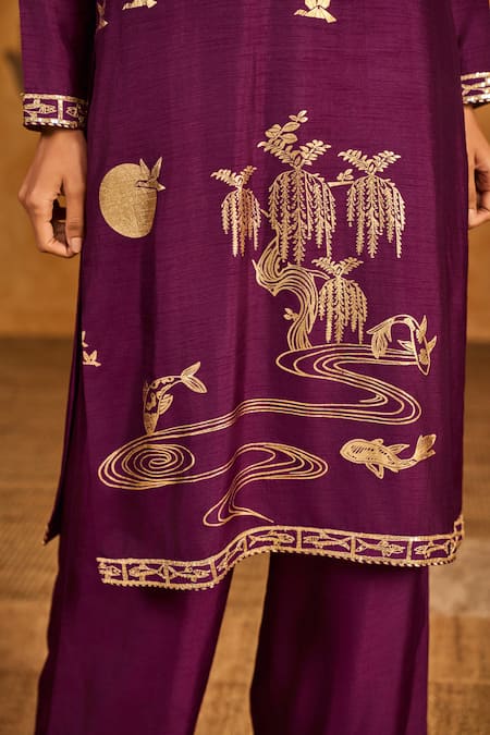 Masaba_Burgundy Silk Embroidery, Foil Printing Berry Still Water Bloom Kurta And Pant Set _at_Aza_Fashions