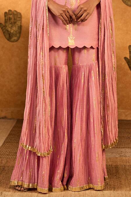 Masaba Pink Silk, Organza Foil Printing V-neck Champagne Tribal Whisper Sharara Set at Aza Fashions Masaba_Pink Silk, Organza Foil Printing V-neck Champagne Tribal Whisper Sharara Set _at_Aza_Fashions