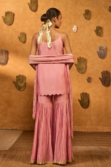 Shop Masaba Pink Silk, Organza Foil Printing V-neck Champagne Tribal Whisper Sharara Set at Aza Fashions Shop_Masaba_Pink Silk, Organza Foil Printing V-neck Champagne Tribal Whisper Sharara Set _at_Aza_Fashions