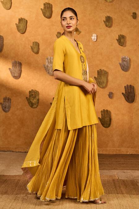 Shop Masaba Yellow Chanderi, Silk Embroidery, Foil Spiced Ochre Gilded Kettle Kurta Set Online at Aza Fashions Shop_Masaba_Yellow Chanderi, Silk Embroidery, Foil Spiced Ochre Gilded Kettle Kurta Set _Online_at_Aza_Fashions