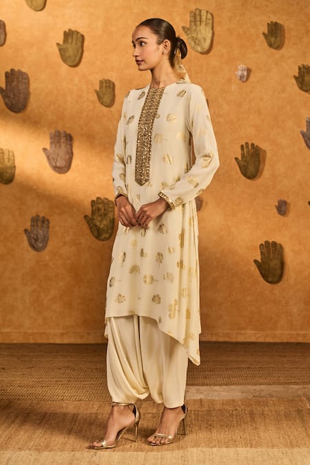 Masaba_Ivory Crepe, Silk Embroidery, Sequins, Foil Windrose Kurta And Dhoti Pant Set _Online_at_Aza_Fashions