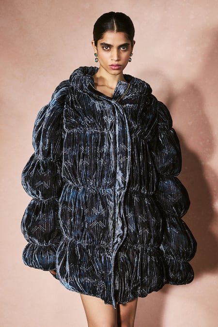 Nirmooha_Blue Velvet Bandeau , High Midnight Eclipse Dress And Jacket Set _Online_at_Aza_Fashions