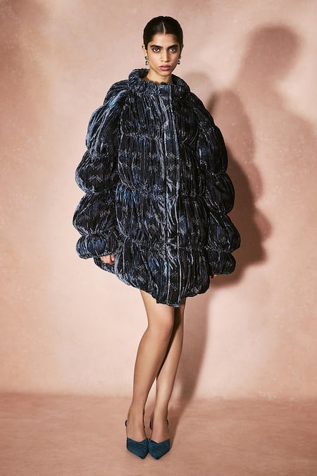 Nirmooha Blue Velvet Bandeau , High Midnight Eclipse Dress And Jacket Set 