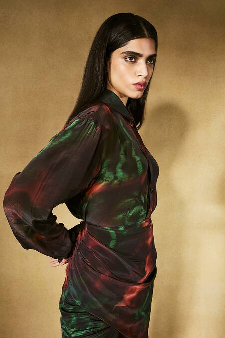 Nirmooha Black Crepe Collared Flame Print Shirt And Skirt Set Online at Aza Fashions Nirmooha_Black Crepe Collared Flame Print Shirt And Skirt Set _Online_at_Aza_Fashions