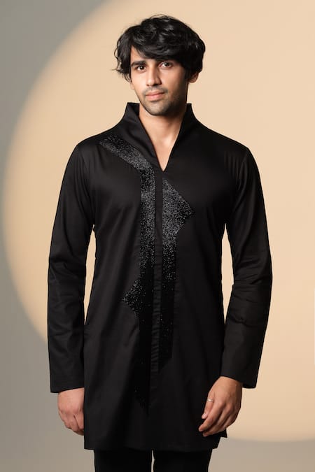 Sanjana Reddy Designs Black Cotton Embroidery Placket Kurta