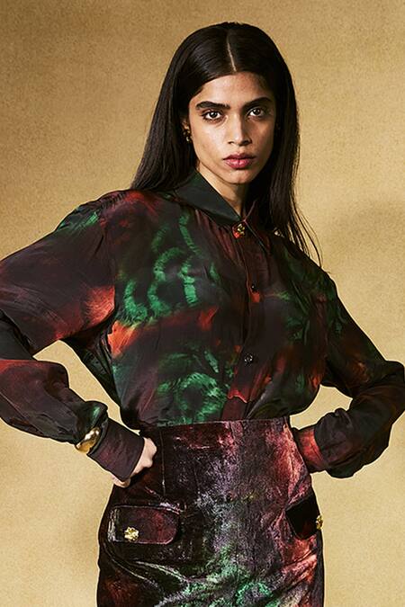 Nirmooha Multi Color Crepe, Velvet Collared Flame Print Skirt Set Online at Aza Fashions Nirmooha_Multi Color Crepe, Velvet Collared Flame Print Skirt Set _Online_at_Aza_Fashions