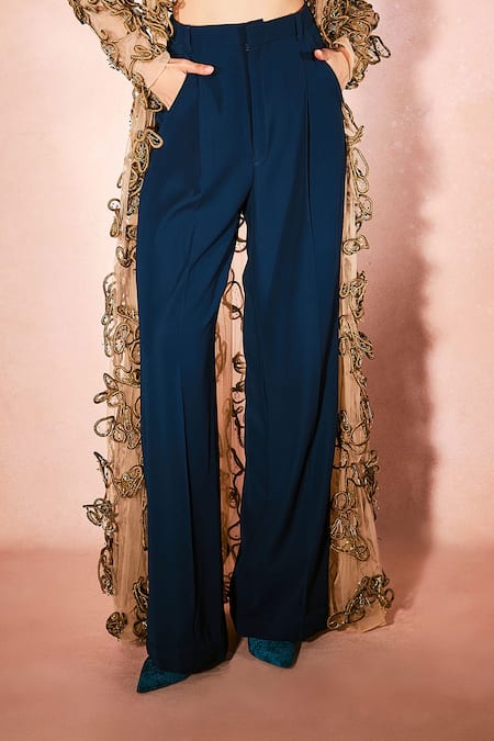 Nirmooha_Gold Tulle Applique, Embroidery Open Neck, Sweetheart Horizon Shurg And Pant Set _Online_at_Aza_Fashions