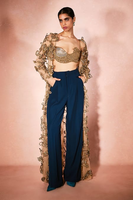 Buy_Nirmooha_Gold Tulle Applique, Embroidery Open Neck, Sweetheart Horizon Shurg And Pant Set _Online_at_Aza_Fashions