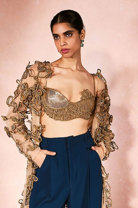 Shop_Nirmooha_Gold Tulle Applique, Embroidery Open Neck, Sweetheart Horizon Shurg And Pant Set _Online_at_Aza_Fashions
