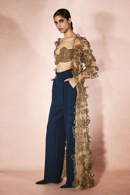 Nirmooha_Gold Tulle Applique, Embroidery Open Neck, Sweetheart Horizon Shurg And Pant Set _at_Aza_Fashions