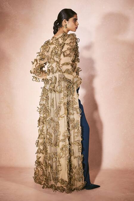 Buy_Nirmooha_Gold Tulle Applique, Embroidery Open Neck, Sweetheart Horizon Shurg And Pant Set 