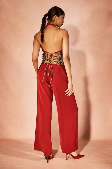 Nirmooha Flame Orange Jumpsuit With Belt 