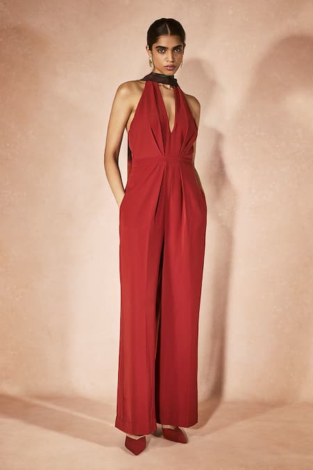 Buy_Nirmooha_Red Embroidery Halter Neck Flame Orange Jumpsuit With Belt _Online_at_Aza_Fashions