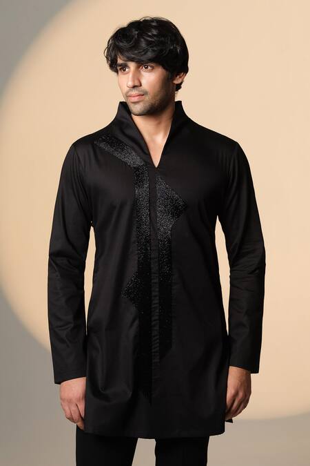 Sanjana Reddy Designs_Black Cotton Embroidery Placket Kurta _Online_at_Aza_Fashions