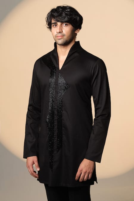 Buy_Sanjana Reddy Designs_Black Cotton Embroidery Placket Kurta _Online_at_Aza_Fashions