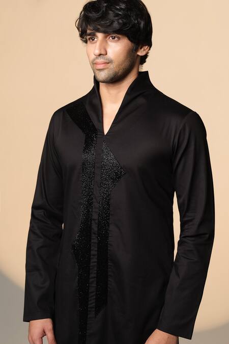 Shop_Sanjana Reddy Designs_Black Cotton Embroidery Placket Kurta _Online_at_Aza_Fashions
