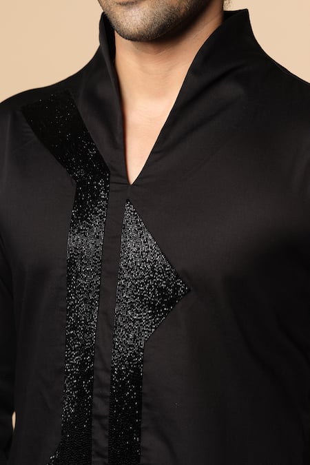 Sanjana Reddy Designs_Black Cotton Embroidery Placket Kurta _at_Aza_Fashions