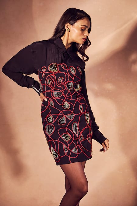 Buy Nirmooha Black Crepe Embroidery Bandeau Neck, Collared Inferno Sculpted Dress And Shirt Set Online at Aza Fashions Buy_Nirmooha_Black Crepe Embroidery Bandeau Neck, Collared Inferno Sculpted Dress And Shirt Set _Online_at_Aza_Fashions