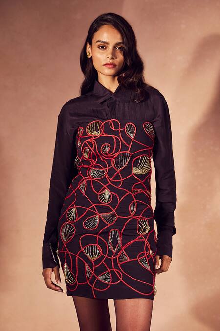 Shop Nirmooha Black Crepe Embroidery Bandeau Neck, Collared Inferno Sculpted Dress And Shirt Set Online at Aza Fashions Shop_Nirmooha_Black Crepe Embroidery Bandeau Neck, Collared Inferno Sculpted Dress And Shirt Set _Online_at_Aza_Fashions