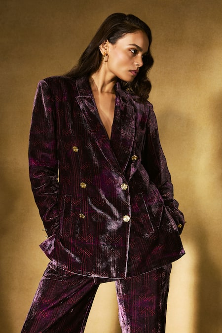 Nirmooha Purple Velvet Plum Monogram Set Online at Aza Fashions Nirmooha_Purple Velvet Plum Monogram Set _Online_at_Aza_Fashions