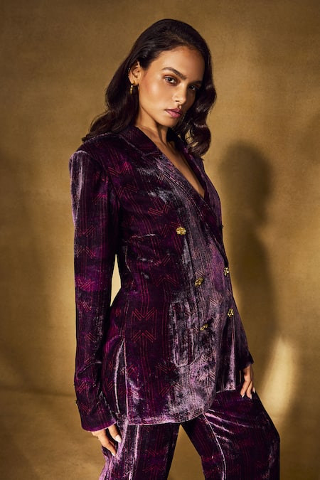 Buy Nirmooha Purple Velvet Plum Monogram Set Online at Aza Fashions Buy_Nirmooha_Purple Velvet Plum Monogram Set _Online_at_Aza_Fashions