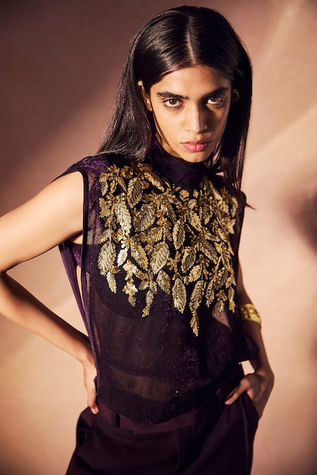 Nirmooha_Purple Velvet, Mesh, Microfiber Embroidery High Neck, Sheer Top And Pant Set _Online_at_Aza_Fashions