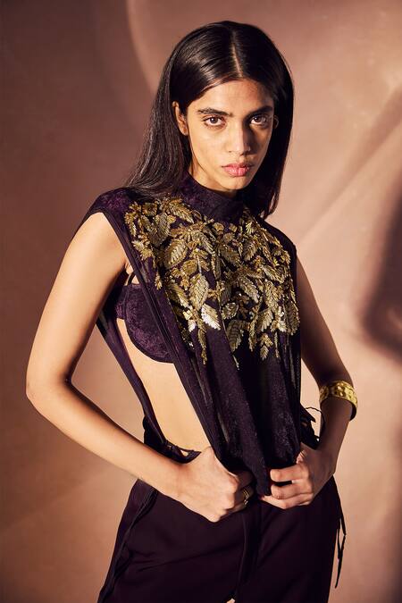 Buy_Nirmooha_Purple Velvet, Mesh, Microfiber Embroidery High Neck, Sheer Top And Pant Set _Online_at_Aza_Fashions