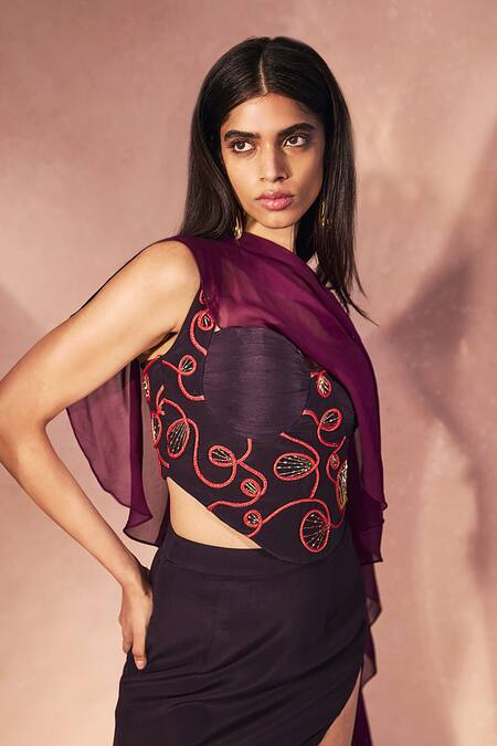 Shop Nirmooha Purple Crepe, Georgette Embroidery, Beads One Plum Flame Corset And Skirt Set Online at Aza Fashions Shop_Nirmooha_Purple Crepe, Georgette Embroidery, Beads One Plum Flame Corset And Skirt Set _Online_at_Aza_Fashions
