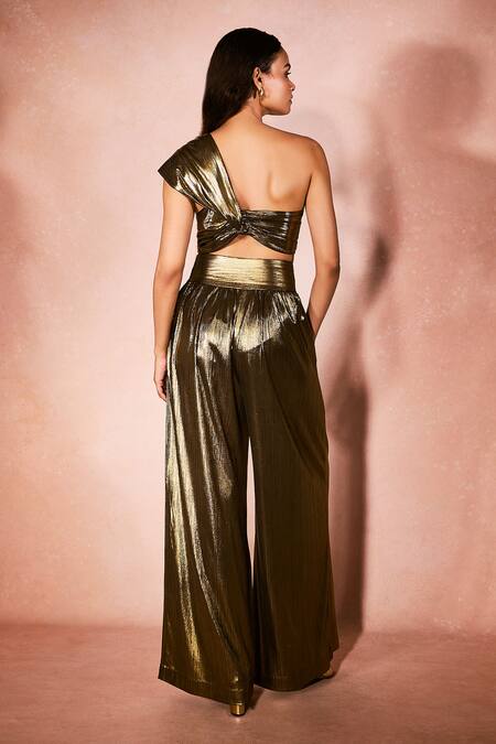 Nirmooha_Gold One Shoulder The Alchemy Long Trench Coat And Pant Set _Online_at_Aza_Fashions