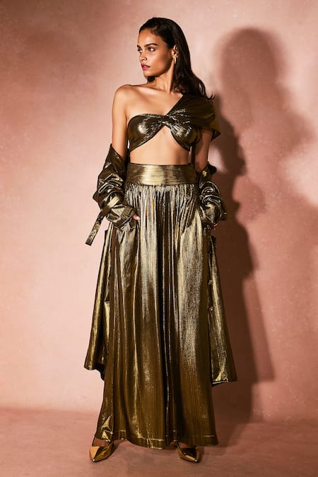 Buy_Nirmooha_Gold One Shoulder The Alchemy Long Trench Coat And Pant Set _Online_at_Aza_Fashions