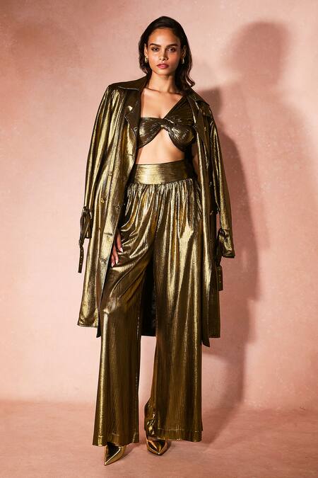 Shop_Nirmooha_Gold One Shoulder The Alchemy Long Trench Coat And Pant Set _Online_at_Aza_Fashions