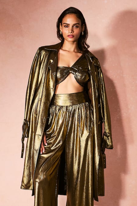 Nirmooha_Gold One Shoulder The Alchemy Long Trench Coat And Pant Set _at_Aza_Fashions
