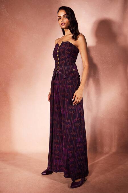 Nirmooha_Purple Crepe Bandeau Neck Plum Monogram Corset Set _Online_at_Aza_Fashions