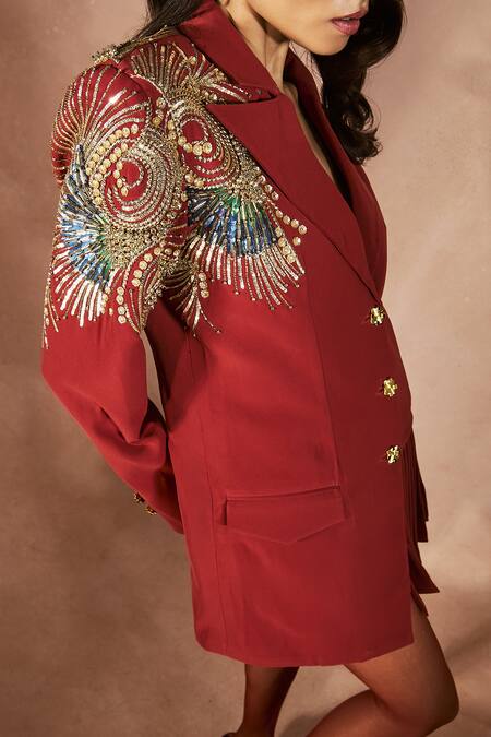 Buy Nirmooha Red Microfiber Embroidery, Beads, Sequins V-neck Firewalk Blazer Dress Online at Aza Fashions Buy_Nirmooha_Red Microfiber Embroidery, Beads, Sequins V-neck Firewalk Blazer Dress _Online_at_Aza_Fashions