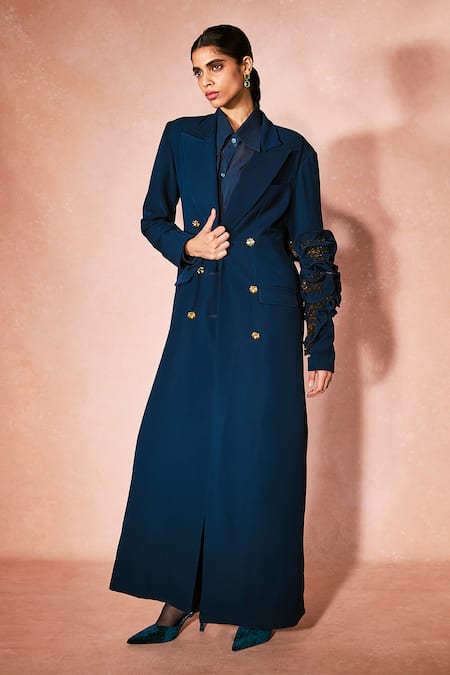 Nirmooha_Navy Georgette, Microfiber Embroidery Midnight Blue Trench Coat And Shorts Set _Online_at_Aza_Fashions